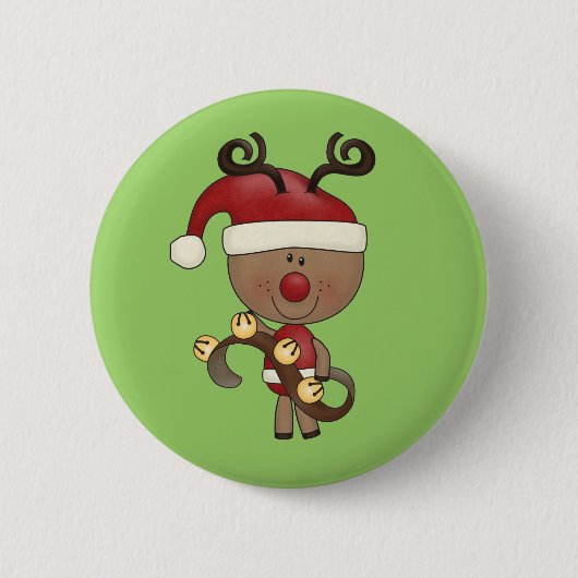 Rudy Reindeer met Klokken Ronde Button 5,7 Cm (Voorkant)