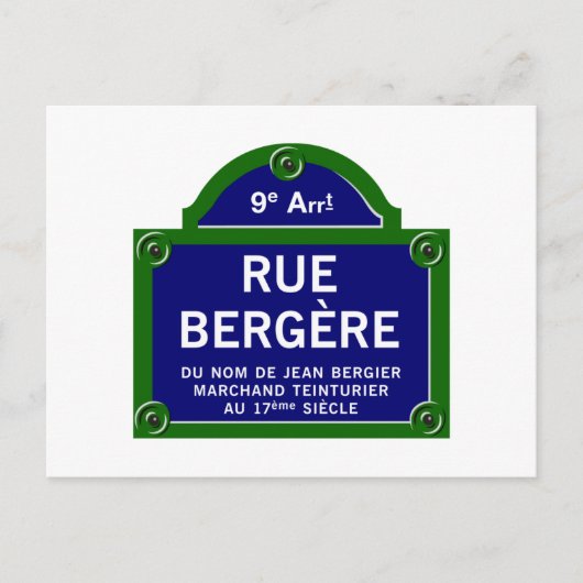 Rue Bergere, Paris Street Sign Briefkaart (Voorkant)