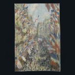 Rue Montorgueil in Parijs door Claude Monet Theedoek<br><div class="desc">Rue Montorgueil in Parijs, Celebration of 30 juni 1878, by Claude Monet, oil on canvas, is een schilderij van een uitzicht dat naar beneden kijkt op een straat in Parijs op een grote menigte mensen die in een nationale parade de driekleurige rode, witte en blauwe Franse vlag vieren die vanaf...</div>