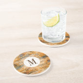 Ruff bruine houtextuur & witte cirkels accenten zandsteen onderzetter (Zijkant)