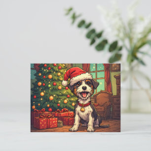 Ruffe hond kerstmuts Kerstboom Opgewekt Briefkaart