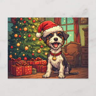 Ruffe hond kerstmuts Kerstboom Opgewekt Feestdagenkaart