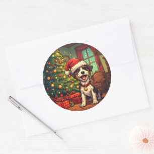 Ruffe hond kerstmuts Kerstboom Opgewekt Ronde Sticker