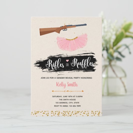 Ruffels of geweren maken partijuitnodiging bekend kaart (Staand voorkant)