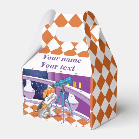 Rufous beige puppy and telescoop in het kasteel bedankdoosjes (Voorkant Zijde)