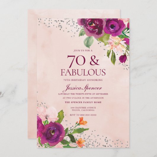 Rug 70e verjaardag Waterverf roze bloemen Kaart (Voorkant / Achterkant)