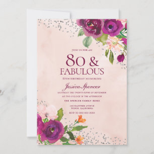 Rug 80th Birthday Party (Roze bloemen Waterverf) Kaart