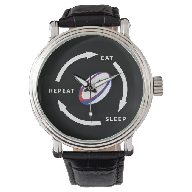 Rugby Eat Sleep Herhaal Sportfan Gezegde Horloge (Voorkant)