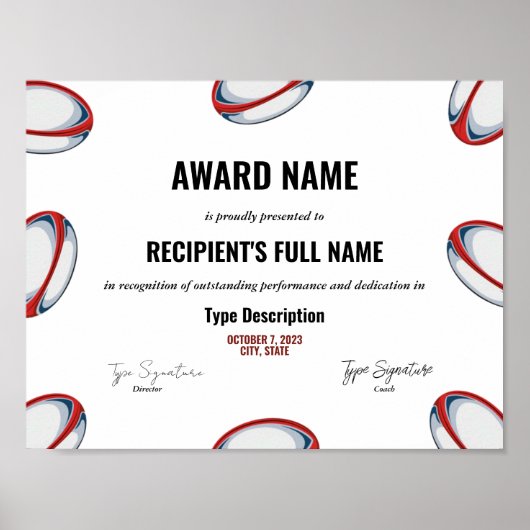 Rugby Excellence Award Certificaat - Instant Poster (Voorkant)
