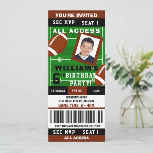 Rugby Football Ticket Foto Verjaardagsuitnodiging Kaart (Staand voorkant)