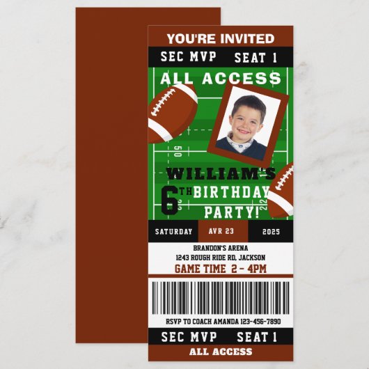 Rugby Football Ticket Foto Verjaardagsuitnodiging Kaart (Voorkant / Achterkant)