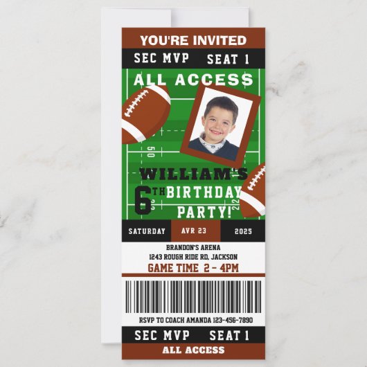 Rugby Football Ticket Foto Verjaardagsuitnodiging Kaart (Voorkant)