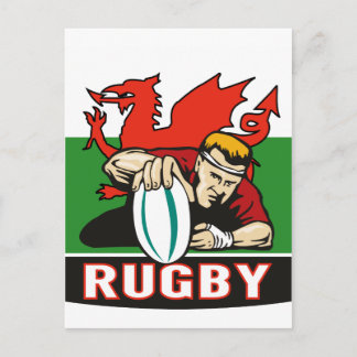 Rugby player scoring try wales flag briefkaart