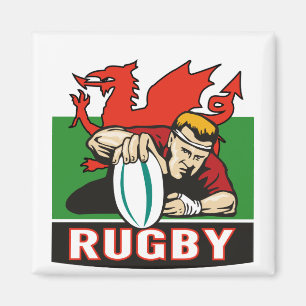 Rugby player scoring try wales flag magneet