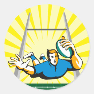 Rugby speler duiken om een poging te scoren ronde sticker
