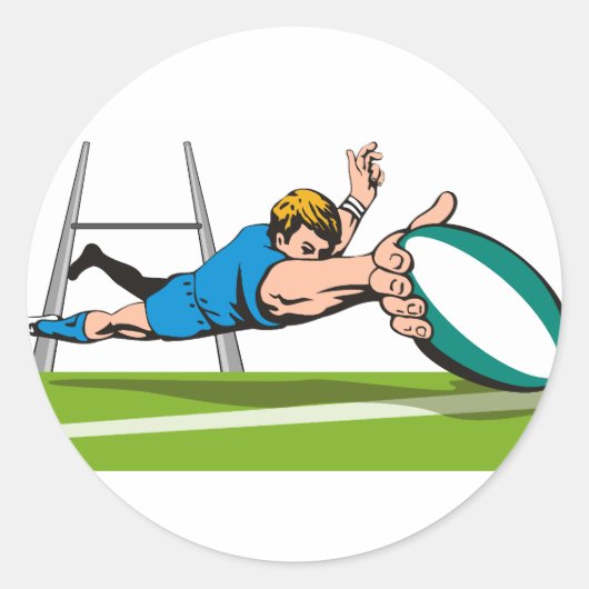 Rugby speler duiken scoren een poging ronde sticker (Voorkant)