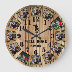 Rugby Wooden Effect Personalise Photo Collage Larg Grote Klok