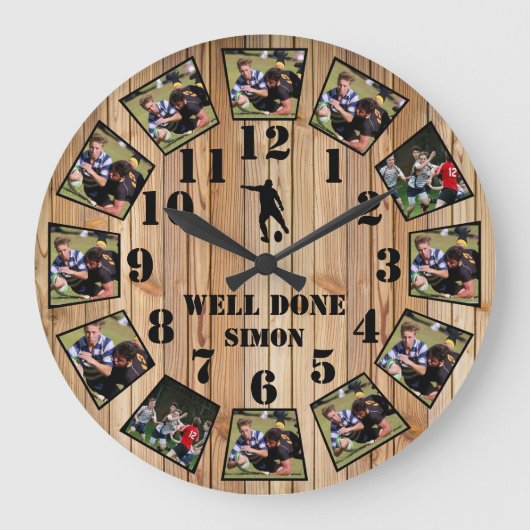 Rugby Wooden Effect Personalise Photo Collage Larg Grote Klok (Voorkant)