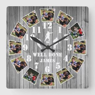Rugby Wooden Effect Personalise Photo Collage Larg Vierkante Klok