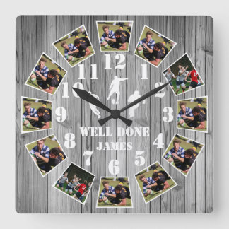 Rugby Wooden Effect Personalise Photo Collage Larg Vierkante Klok
