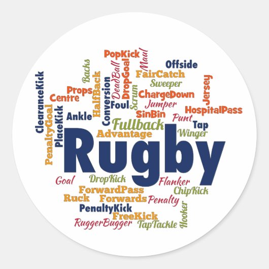 Rugby Word Cloud Ronde Sticker (Voorkant)