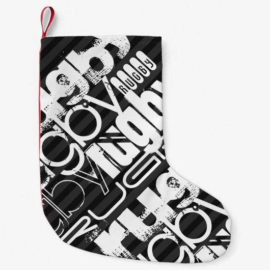 Rugby; zwarte en donkergrijze strepjes kleine kerstsok (Voorkant)