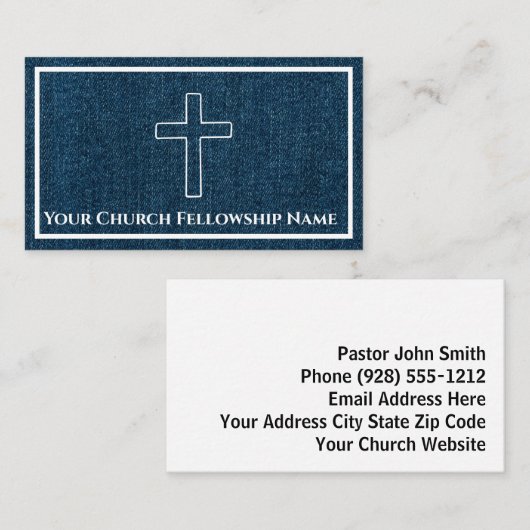 Rugged Blue Denim Cross Outline Church Pastor Visitekaartje (Voorkant / Achterkant)