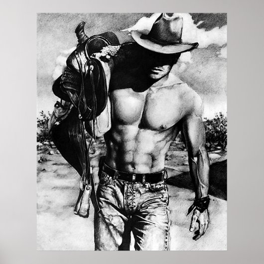 Rugged Perfect Abs Cowboy met zijn zadel Poster (Voorkant)