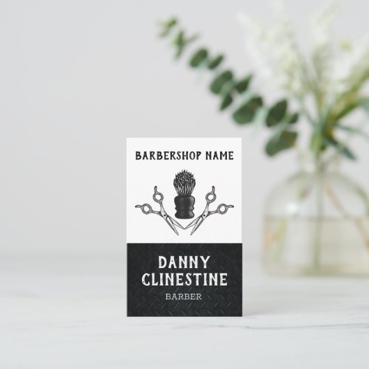 Rugged Trendy Modern Barber Scissors Barbershop Visitekaartje (Staand voorkant)