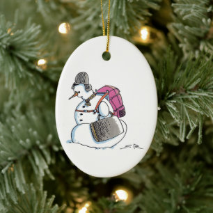 Rugzak Sneeuwman ovale keramische kerstversiering Keramisch Ornament