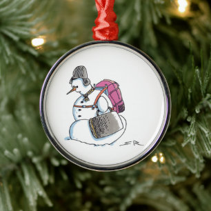 Rugzak Sneeuwman ronde premium kerstbal Metalen Ornament
