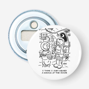 Ruiemtevaarders op Ruimteschip horen klop op de de Button Flesopener