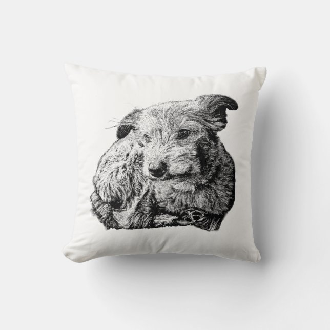 Ruige Terriër Mix Hond Kunst – Zwart & Wit Kussen (Voorkant)