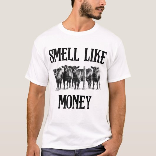 Ruik als geld grappige Koe boer T-shirt (Voorkant)