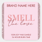 Ruik De Liefde Aangepaste Roze Glitter Kaarslabel Vierkante Sticker (Voorkant)