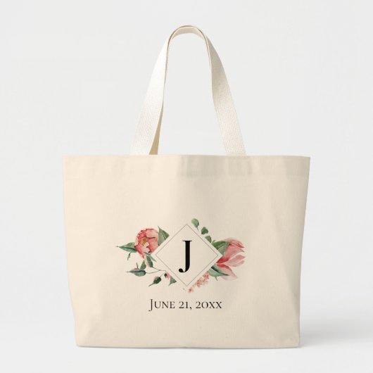 Ruik de Rozen, monogram, huwelijksdatum Grote Tote Bag (Voorkant)