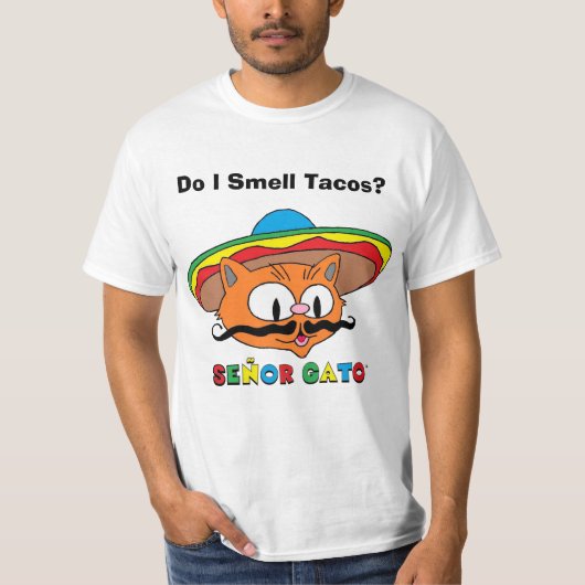 Ruik ik taco's? Senor Gato Cartoon Mustache Kat T-shirt (Voorkant)