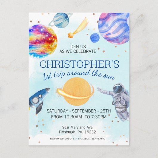 Ruim verjaardagsfeest voor astronaut jongetje briefkaart (Voorkant)