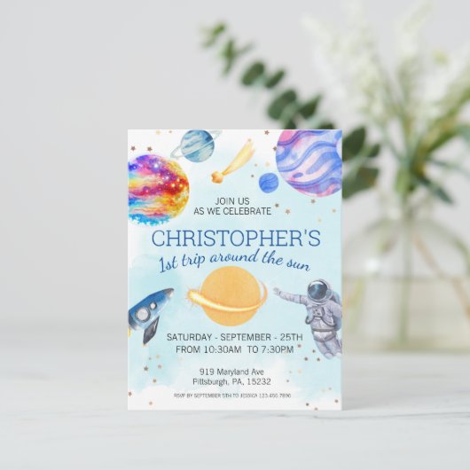 Ruim verjaardagsfeestje voor astronaut jongetje briefkaart (Staand voorkant)
