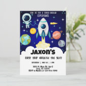 Ruimtactisch jongetje 1e eerste verjaardag uitnodi kaart (Staand voorkant)