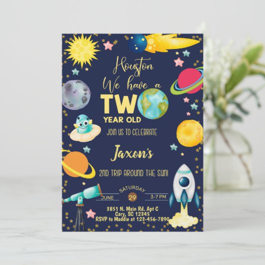 Ruimtactische jongen 2e verjaardag uitnodiging. kaart (Staand voorkant)