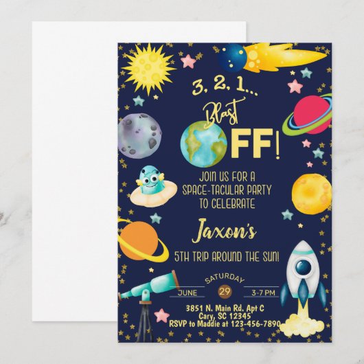 Ruimtactische jongen, uitnodiging voor vijfde verj (Voorkant / Achterkant)