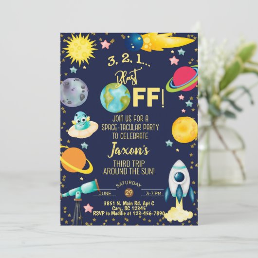 Ruimtactische jongen verjaardagsuitnodiging. kaart (Staand voorkant)