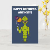 Ruimte-Alien met Planet Balloons Happy Birthday Kaart (Gele Bloem)