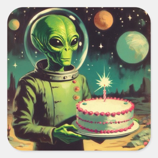 Ruimte Alien met Verjaardagstaart UFO Flying Sauce Vierkante Sticker (Voorkant)