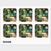 Ruimte Alien met Verjaardagstaart UFO Flying Sauce Vierkante Sticker (Vel)