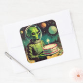 Ruimte Alien met Verjaardagstaart UFO Flying Sauce Vierkante Sticker (Envelop)