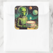 Ruimte Alien met Verjaardagstaart UFO Flying Sauce Vierkante Sticker (Tas)
