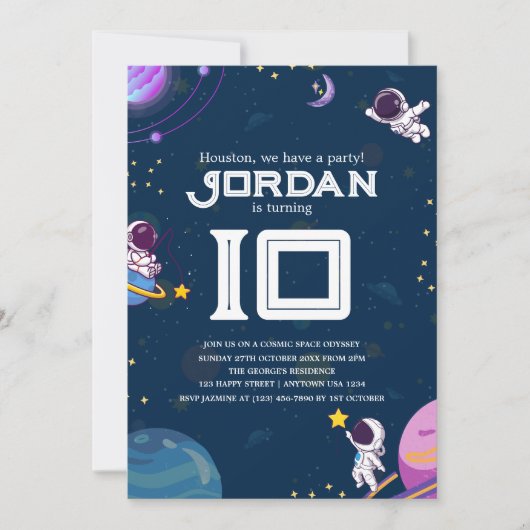 Ruimte Avontuur: Blauwe Astronaut Kids Verjaardags Kaart (Voorkant)