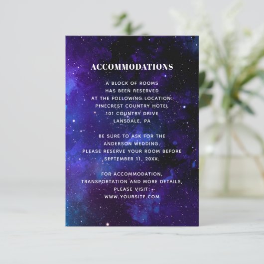 Ruimte bruiloft accommodaties. Nachtsterren. Moder Informatiekaartje (Staand voorkant)